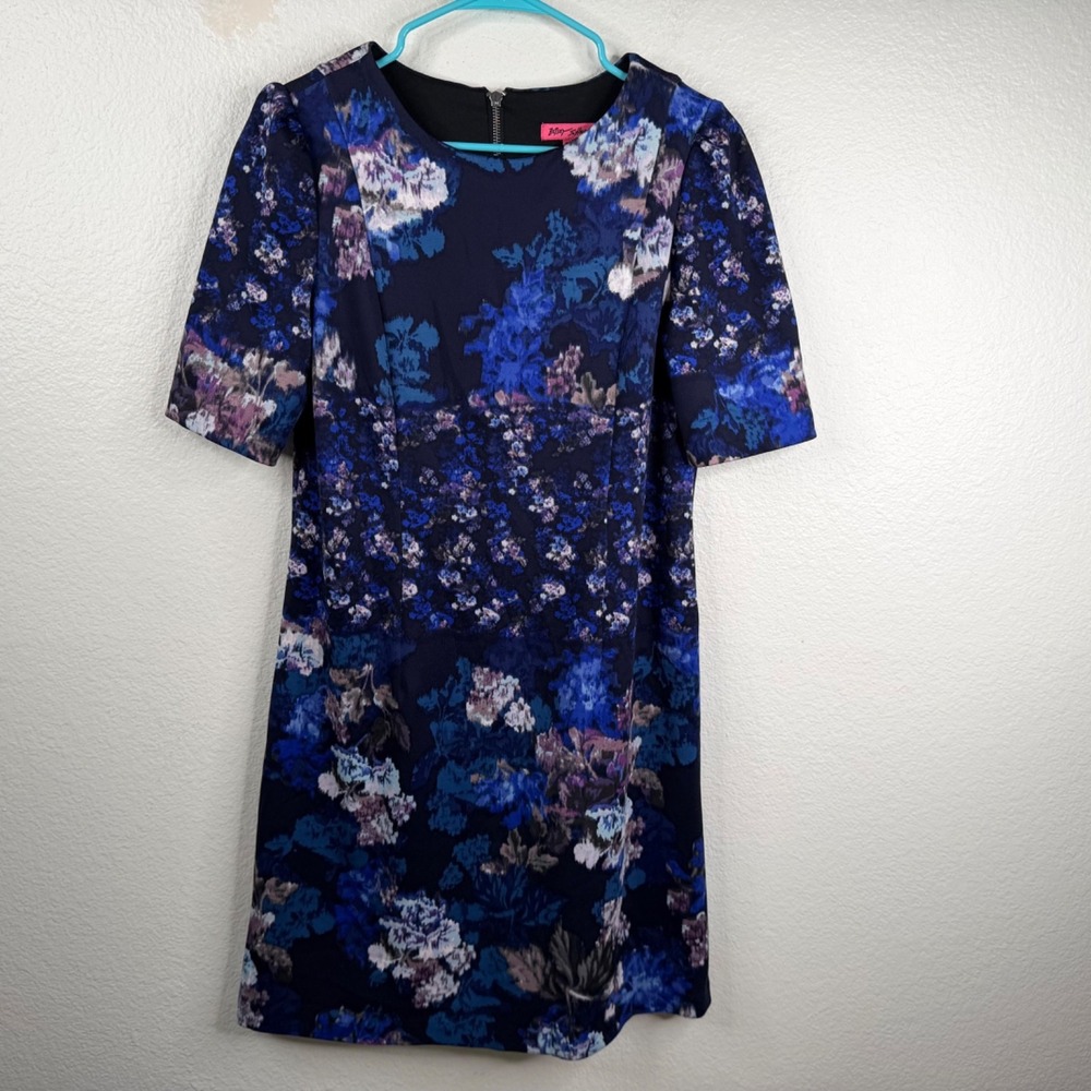 Betsey Johnson Dress Womens Shift Short Sleeves Scuba Blue Floral Career Size 10